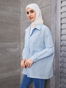 Vertical Stripe Drop Shoulder Oversized Shirt - Baby Blue - View 4