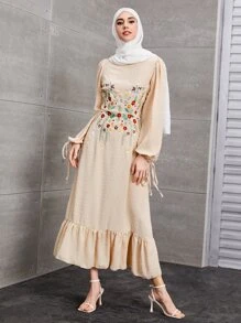 Modelyn 圓點花卉刺繡打結袖口洋裝 - 杏色 - 查看 4