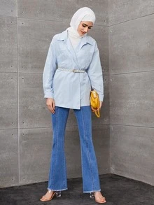 Vertical Stripe Drop Shoulder Oversized Shirt - Baby Blue - View 5