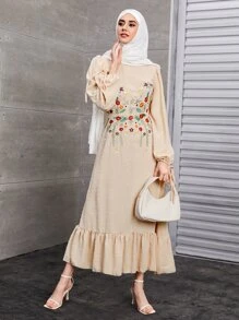 Modelyn 圓點花卉刺繡打結袖口洋裝 - 杏色 - 查看 5