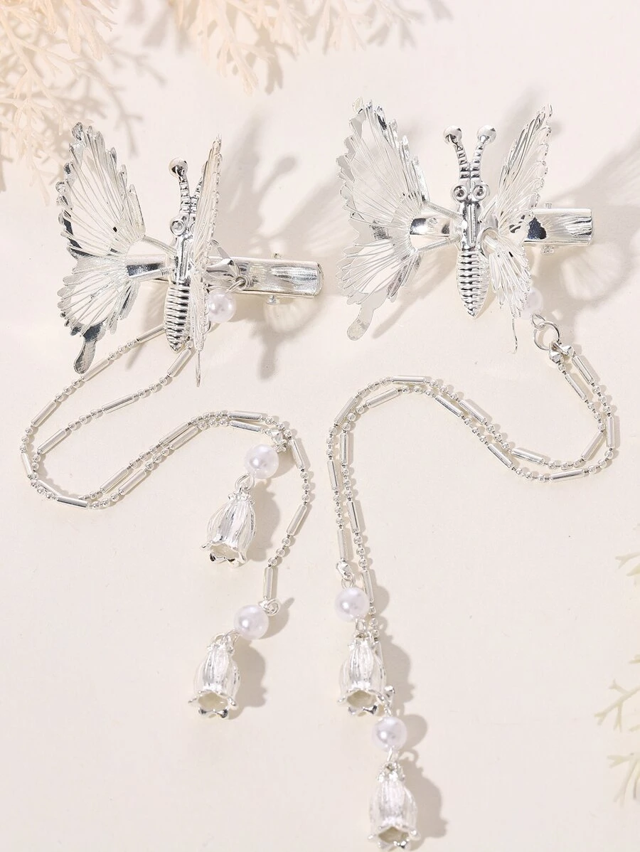 2 chiếc kẹp tóc trang trí hình con bướm thanh lịch - Bạc - Xem 1