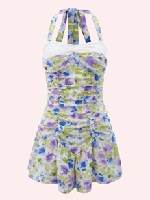 Floral Print Ruched Bust Ruffle Hem Halter Skort Romper - Multicolor - View 1