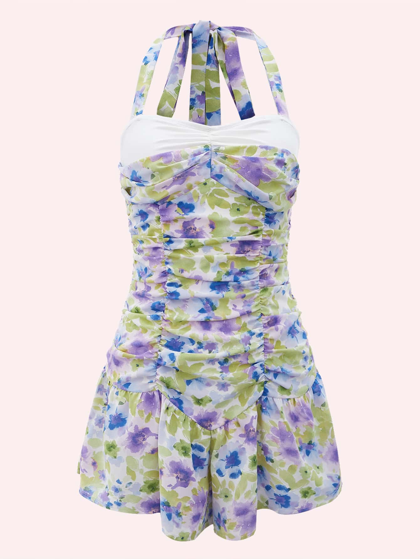 Floral Print Ruched Bust Ruffle Hem Halter Skort Romper - Multicolor - View 1