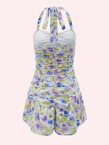 Floral Print Ruched Bust Ruffle Hem Halter Skort Romper - Multicolor - View 2