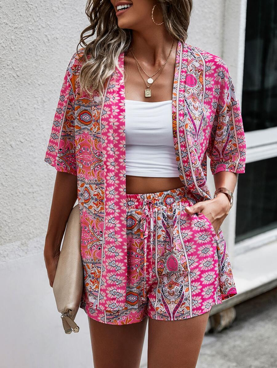 Breezaya Paisley Print Open Front Kimono & Shorts Set Without Tube Top - Pink - View 1
