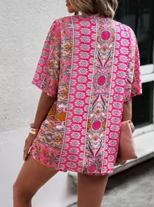 Breezaya Paisley Print Open Front Kimono & Shorts Set Without Tube Top - Pink - View 2