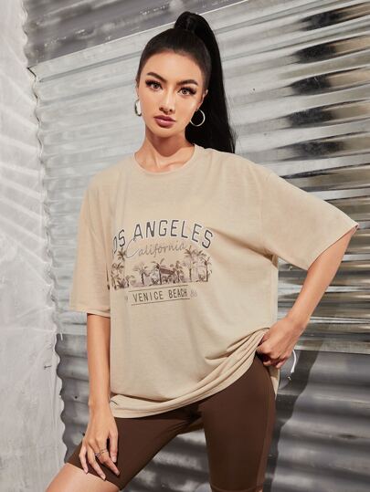 SHEIN Unity 休閒字母 熱帶印花女士T恤