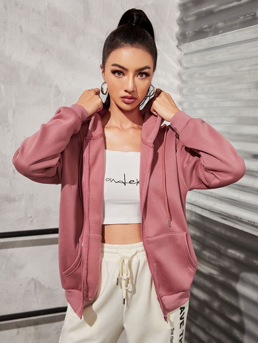 INAWLY Zip Up Drawstring Drop Shoulder Thermal Lined Hoodie,Long Sleeve Tops Graduation,Back To School Outfits,Graduation,Teacher Outfits For Women,Back To School Pullover Fall Outfit - Dusty Pink - View 1