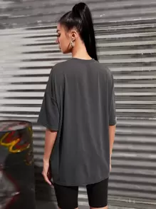 Flirla Drop Shoulder Letter Embroidery Top Graphic Tees Women Tops - Dark Grey - View 2