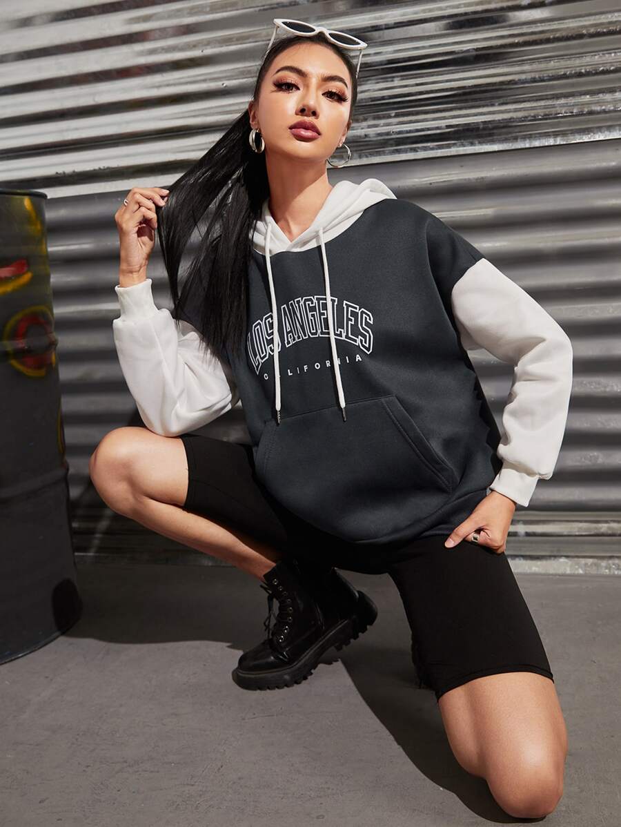 INAWLY Two Tone Letter Graphic Kangaroo Pocket Drawstring Thermal Hoodie - Dark Grey - View 1