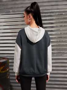 INAWLY Two Tone Letter Graphic Kangaroo Pocket Drawstring Thermal Hoodie - Dark Grey - View 2