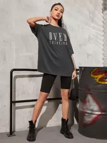 Flirla Drop Shoulder Letter Embroidery Top Graphic Tees Women Tops - Dark Grey - View 4