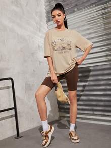 SHEIN Unity 休閒字母 熱帶印花女士T恤 - 杏色 - 查看 3