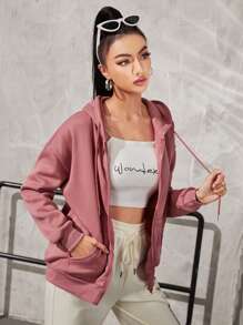 INAWLY Zip Up Drawstring Drop Shoulder Thermal Lined Hoodie,Long Sleeve Tops Graduation,Back To School Outfits,Graduation,Teacher Outfits For Women,Back To School Pullover Fall Outfit - Dusty Pink - View 3