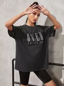 Flirla Drop Shoulder Letter Embroidery Top Graphic Tees Women Tops - Dark Grey - View 5