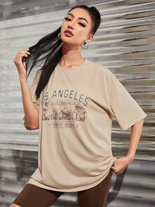 SHEIN Unity 休閒字母 熱帶印花女士T恤 - 杏色 - 查看 4