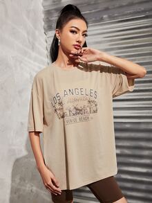 SHEIN Unity 休閒字母 熱帶印花女士T恤 - 杏色 - 查看 5