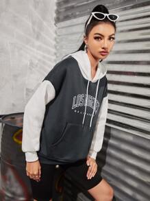 INAWLY Two Tone Letter Graphic Kangaroo Pocket Drawstring Thermal Hoodie - Dark Grey - View 5