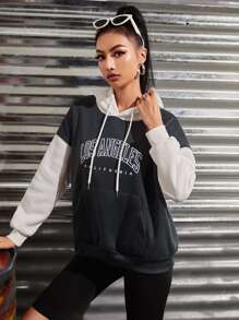 INAWLY Two Tone Letter Graphic Kangaroo Pocket Drawstring Thermal Hoodie - Dark Grey - View 6