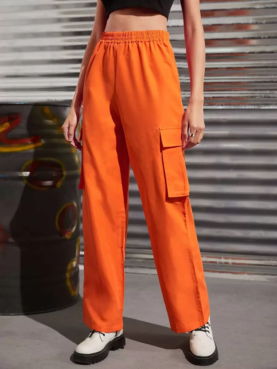 SHEIN Unity Solid High Waist Flap Pocket Cargo Pants - Orange - View 1