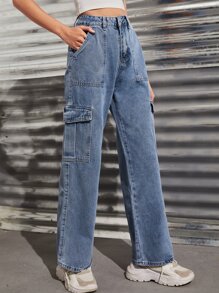 SHEIN EZwear High Waisted Flap Pocket Cargo Jeans - Light Wash - View 1