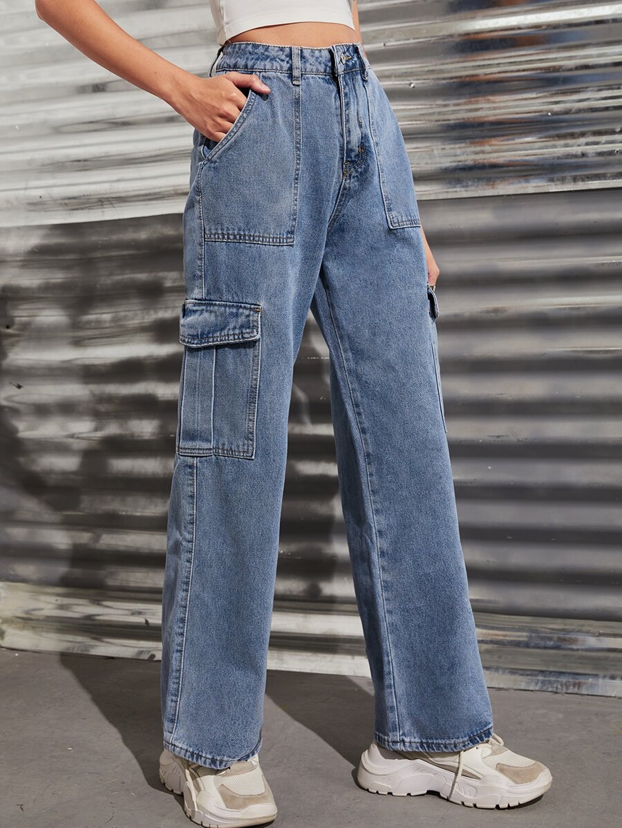 SHEIN EZwear High Waisted Flap Pocket Cargo Jeans - Light Wash - View 1