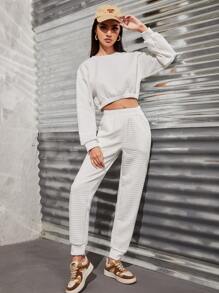 SHEIN Unity Waffle Knit Sweatshirt & Slant Pocket Pants Set - White - View 1