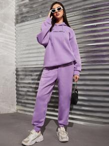 SHEIN Unity Women's Letter Embroidery Drop Shoulder Long Sleeve Drawstring Hoodie And Sweatpants Casual Suit, Autumn/Winter - Purple - View 1