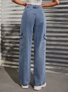 SHEIN EZwear High Waisted Flap Pocket Cargo Jeans - Light Wash - View 2