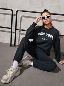 SHEIN Unity Letter Graphic Drop Shoulder Pullover & Sweatpants - Dark Grey - View 1