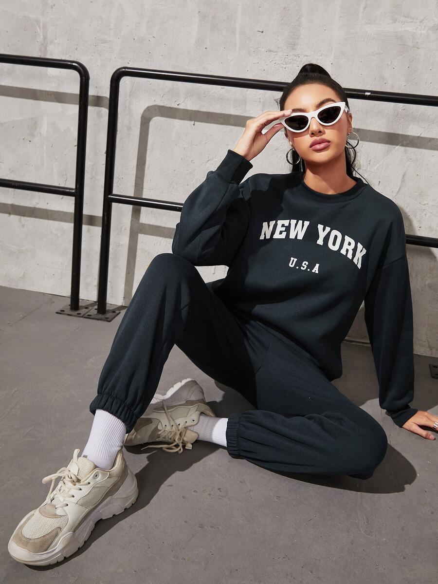 SHEIN Unity Letter Graphic Drop Shoulder Pullover & Sweatpants - Dark Grey - View 1