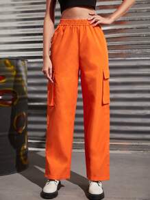 SHEIN Unity Solid High Waist Flap Pocket Cargo Pants - Orange - View 3