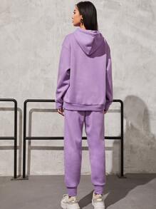 SHEIN Unity Women's Letter Embroidery Drop Shoulder Long Sleeve Drawstring Hoodie And Sweatpants Casual Suit, Autumn/Winter - Purple - View 2