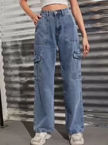 SHEIN EZwear High Waisted Flap Pocket Cargo Jeans - Light Wash - View 3