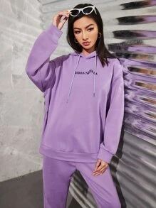 SHEIN Unity Women's Letter Embroidery Drop Shoulder Long Sleeve Drawstring Hoodie And Sweatpants Casual Suit, Autumn/Winter - Purple - View 3
