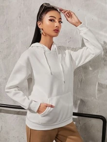 字母圖案袋鼠口袋抽繩保暖連帽衫 - 白色 - 查看 3