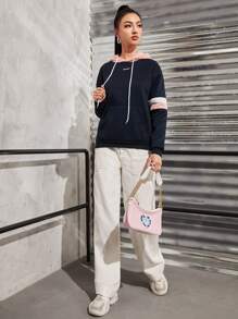 SHEIN Unity Letter Embroidered Contrast Striped Hoodie Graduation,Back To School Outfits,Graduation,Teacher Outfits For Women,Back To School Pullover Fall Outfit