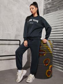 SHEIN Unity Letter Graphic Drop Shoulder Pullover & Sweatpants - Dark Grey - View 3