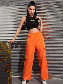 SHEIN Unity Solid High Waist Flap Pocket Cargo Pants - Orange - View 5