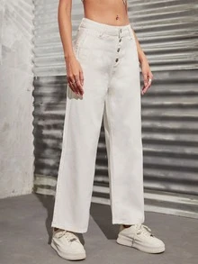 High Waisted Wide Leg Crop Jeans - White - View 3