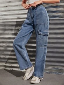 SHEIN EZwear High Waisted Flap Pocket Cargo Jeans - Light Wash - View 4
