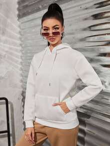 字母圖案袋鼠口袋抽繩保暖連帽衫 - 白色 - 查看 4