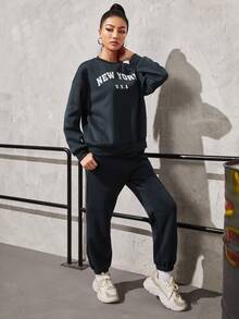 SHEIN Unity Letter Graphic Drop Shoulder Pullover & Sweatpants - Dark Grey - View 4