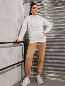 字母圖案袋鼠口袋抽繩保暖連帽衫 - 白色 - 查看 5