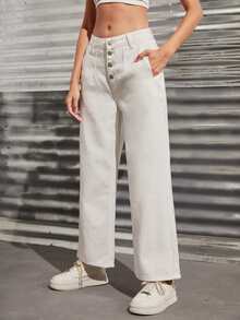 High Waisted Wide Leg Crop Jeans - White - View 4