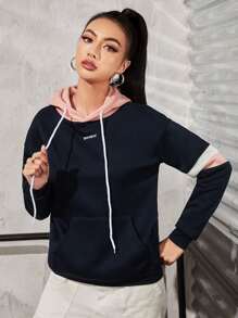 SHEIN Unity Letter Embroidered Contrast Striped Hoodie Graduation,Back To School Outfits,Graduation,Teacher Outfits For Women,Back To School Pullover Fall Outfit