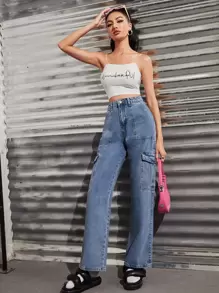SHEIN EZwear High Waisted Flap Pocket Cargo Jeans - Light Wash - View 5