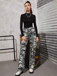 Camo Flap Pocket Side Cargo Jeans - Multicolor - View 5