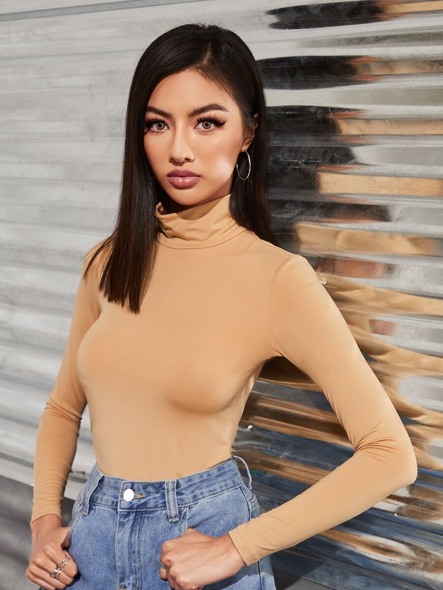 SHEIN Essnce Solid High Neck Form Fitted Tee - Apricot - View 1
