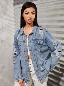 SHEIN Essnce 淺色水洗毛邊下擺破洞長款牛仔夾克 - 淺色水洗藍 - 查看 1